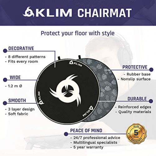 KLIM Chairmat - Stoffmatte für Stühle + Bodenschutzmatte mit Rutschfester Unterlage + Dekoriere Dein Büro, Wohnzimmer, Schlafzimmer usw. + Runde Schutzmatte + 120 cm (BLACK WITH WHITE LOGO)