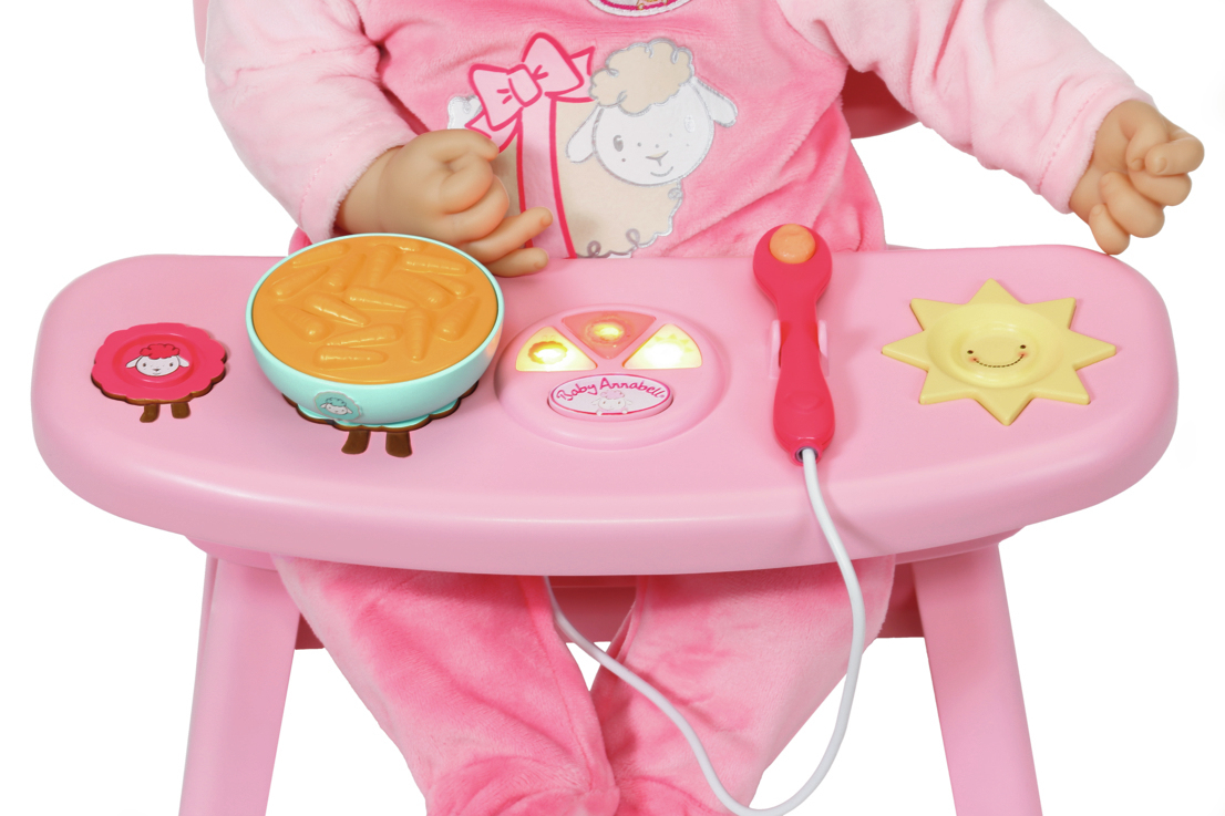 Zapf Creation 701911 Baby Annabell Lunch Time Tisch, Puppenzubehör, Puppenstuhl für Baby Annabell mit Licht- und Soundeffekten, 3 Hauptmahlzeiten, 3 Desserts, Flasche und Löffel.