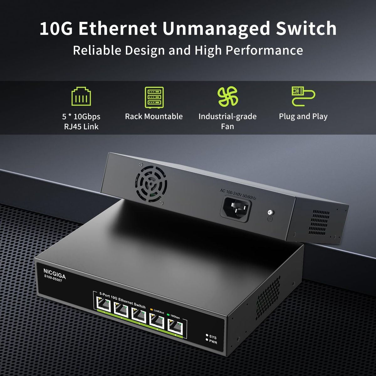 NICGIGA S100-0500T 5-Port 10G Ethernet Switch, unmanaged, 5x 10G/5G/2.5G/1G RJ45, 100Gbps, Metallgehäuse, Lüfter, Desktop/Rack, EU