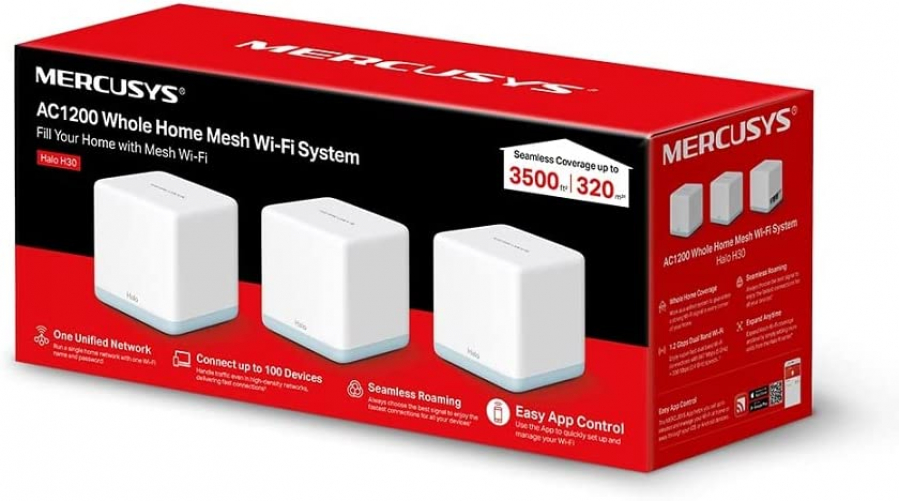 Mercusys Halo H30(3-Pack) - AC1200 Wi-Fi Mesh, 10/100 MB/s Ehernet-Anschluss, Dual-Band 2. 4 GHz/5 GHz, bis zu 320 m2, MU-MIMO, Kindersicherung, einfache Einrichtung App, Weiß Co