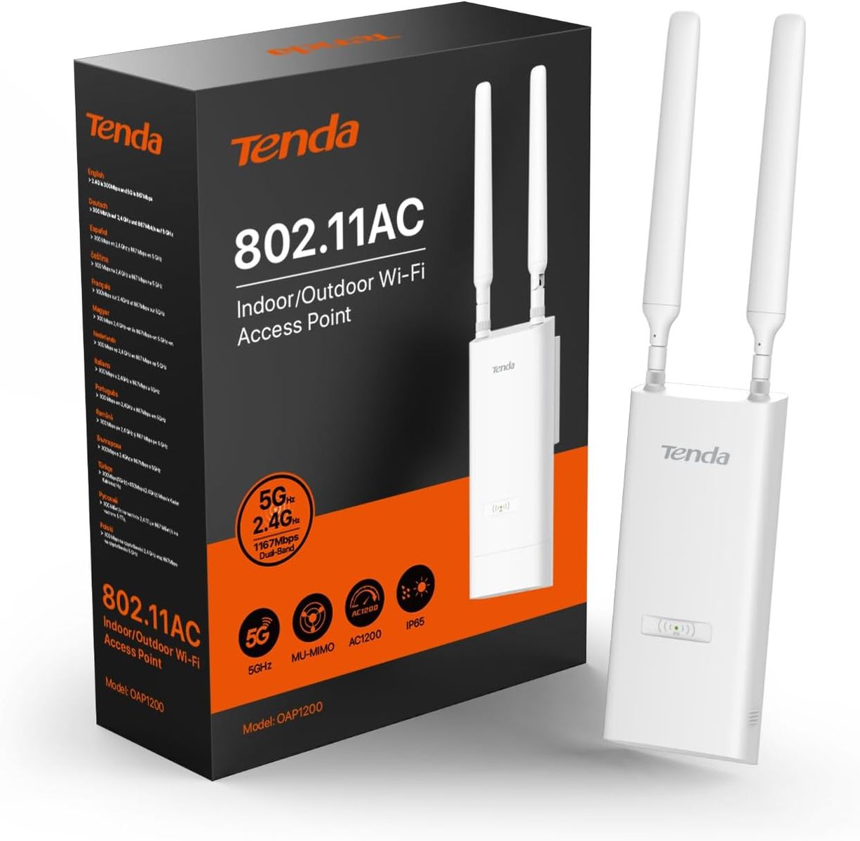 Tenda OAP1200 Access Point Outdoor, Gigabit Dualband WLAN Access Point (AC1200, 802.3at & 24V Passive PoE, IP65 Wasserfest, 1 Gigabit Port) weiß