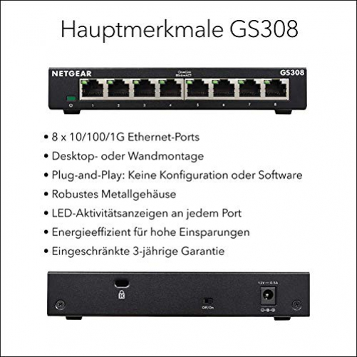NETGEAR GS308-300PES Netzwerk-Switch Unmanaged L2 Gigabit Ethernet 10/100/1000