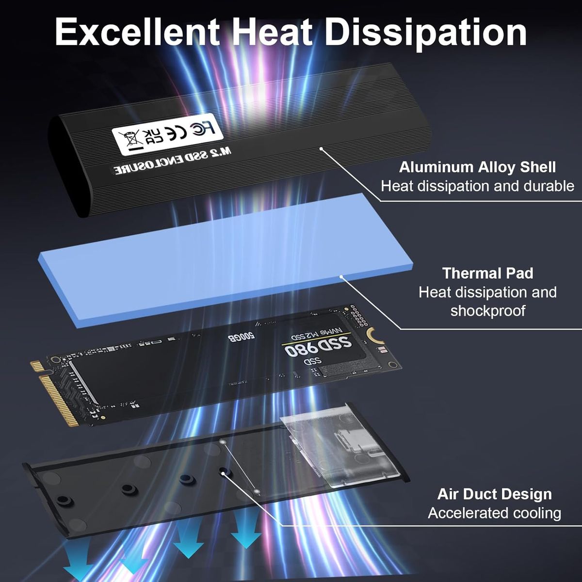 Vemfay Vemfay M.2 NVMe Gehäuse, USB 3.2 Gen 2 10 Gbit/s, USB-C Adapter für NVMe PCIe M-Key/M+B Key, Aluminium, Werkzeuglos, kompatibel mit 2230/2242/2260/2280