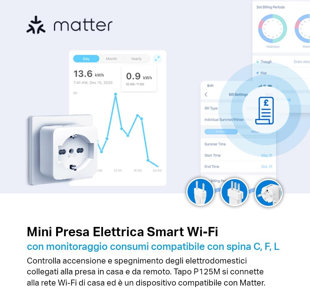 TP-Link Tapo P125M Matter italienische Smart-Steckdose, Energieüberwachung, WiFi Smart Plug, kompatibel mit Alexa und Google, Sprach- und Fernbedienung, Zeit der Vorwahl