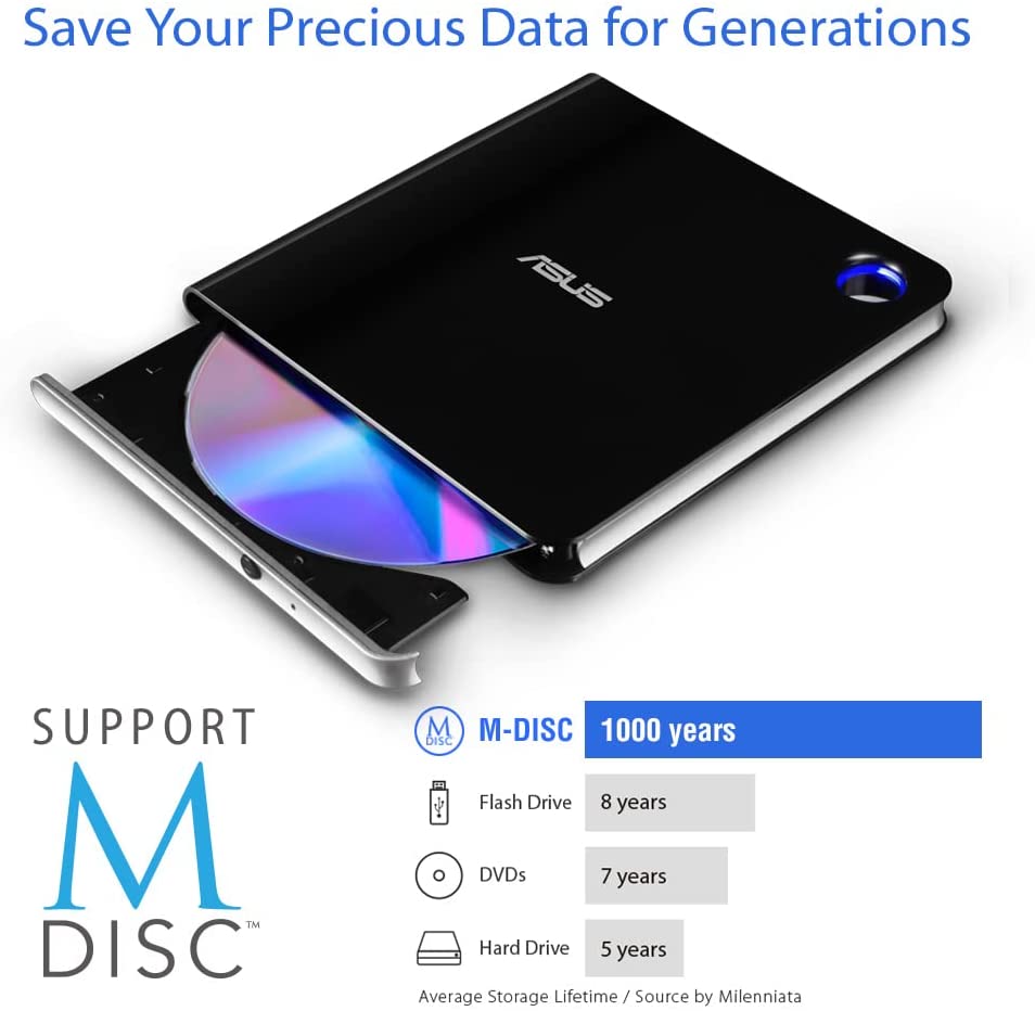 ASUS SBW-06D5H-U BDXL Extern Ultra Slim Blu-ray und MDisc Brenner (USB 3.1, USB-C, 2 Kabel) schwarz