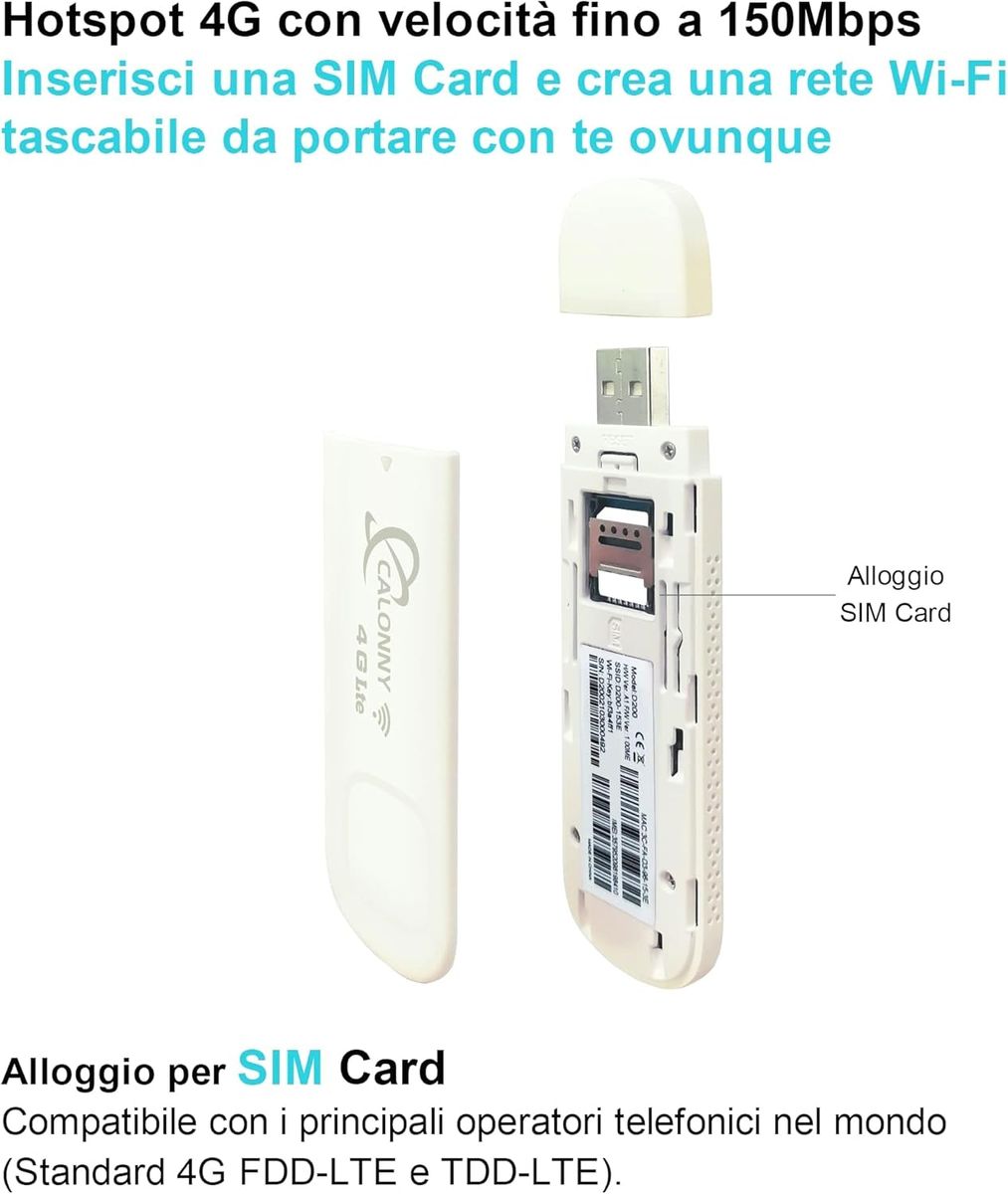 Calonny D200 4G LTE USB Surfstick Internet-Key Cat4 150 MBit/s WLAN USB-Modem, SIM, APN-Anpassung, tragbar, Alternative zu ADSL, Weiß