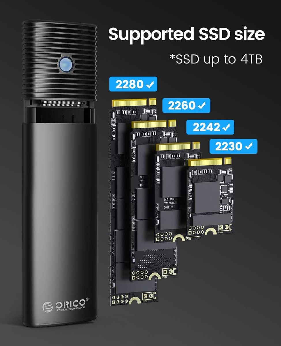 ORICO PWDM2 M.2 SSD Gehäuse, USB 3.2 Gen 2 10 Gbps NVMe & SATA (B+M Key) 2230/2242/2260/2280, Aluminium, UASP, TRIM, Werkzeuglos, Schwarz