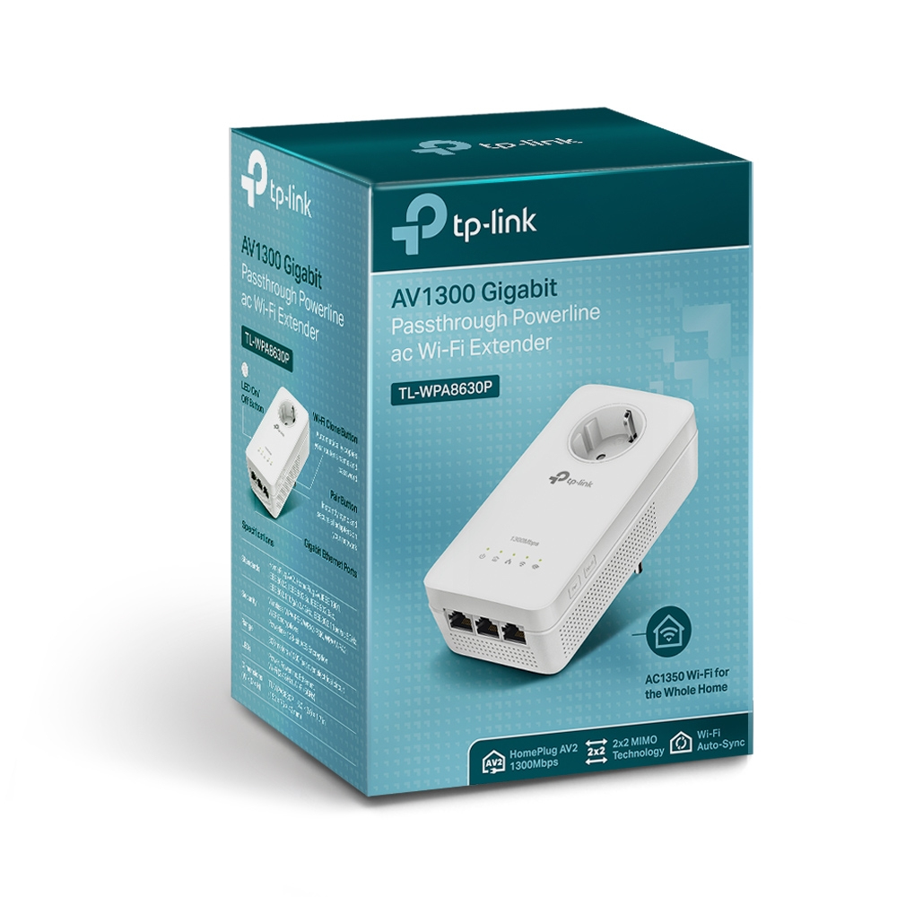 TP-Link TL-WPA8630P PowerLine WLAN Adapter mit integrierter Steckdose, 1300 Mbit/s, Gigabit Ethernet, HomePlug AV2, Weiß, EU V1.0