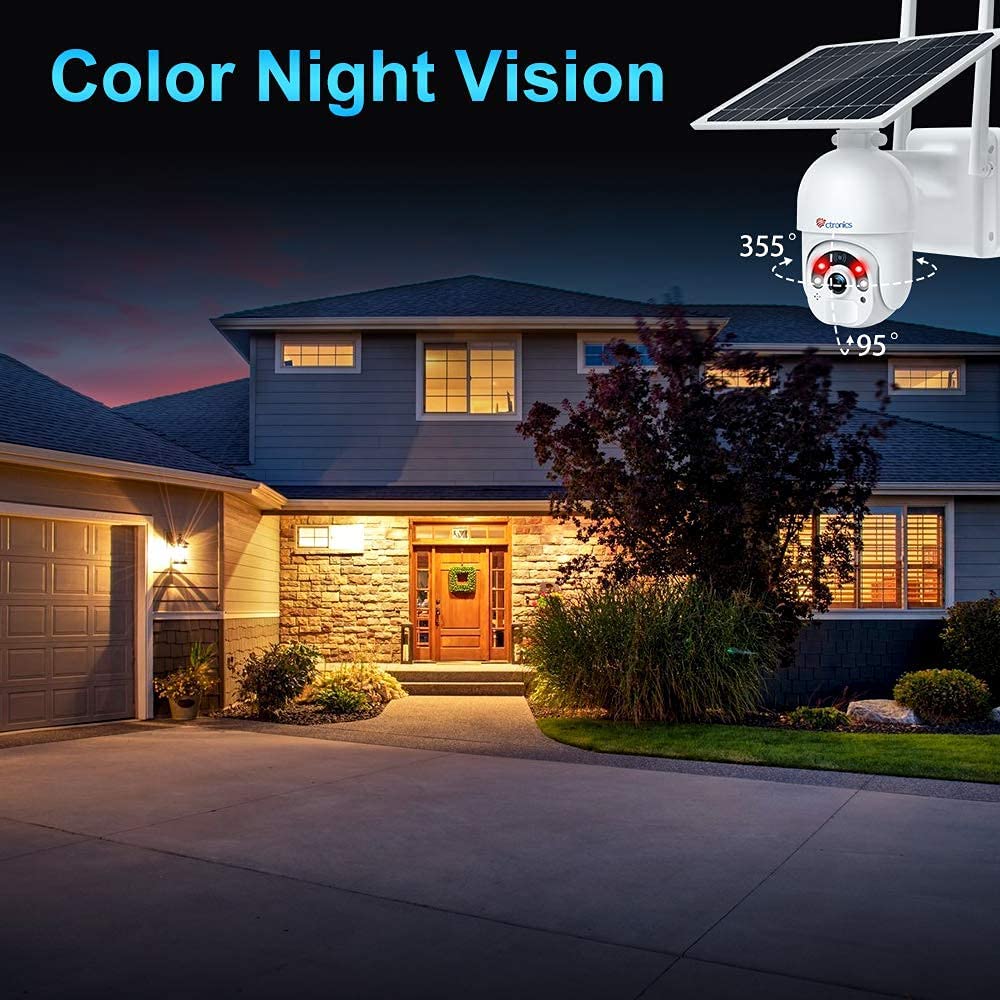 Ctronics Pan Tilt Solar Security Camera Wi-Fi 1080P PTZ Color Night Vision
