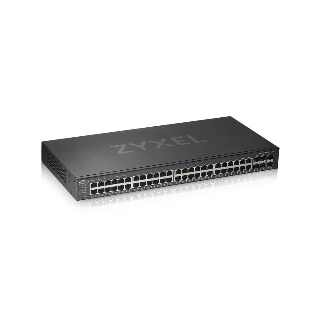 Zyxel GS1920-48V2 Managed 48-Port Gigabit Switch, 44x RJ-45 + 4x SFP Combo, 100 Gbit/s Switching, Rack‑einbau, Schwarz