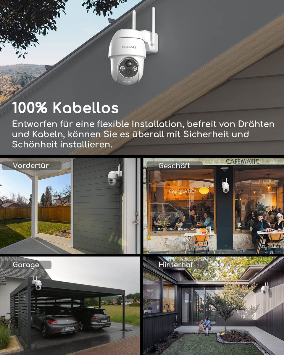 COOAU 2K Überwachungskamera Aussen Akku, 355°/90° Schwenkbar, Kabellose WLAN IP Kamera Outdoor mit Nachtsicht in Farbe, Personen-/Bewegungserkennung, IP66 Wasserdicht, Cloud-Speicher 3MP - Weiß