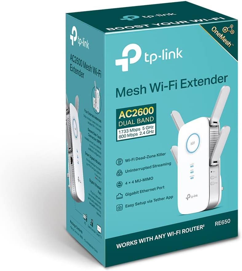 TP-Link AC2600 Dual Band Mesh Wi-Fi Range Extender, Wi-Fi Booster/Hotspot with 1 Gigabit Port, Dual-Core CPU, Built-In Access Point Mode, Works with Any Wi-Fi Router, Easy setup, UK Plug (RE650)