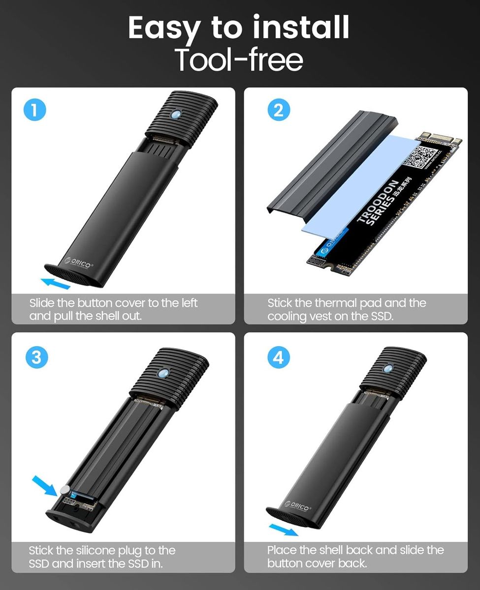 ORICO PWDM2 M.2 SSD Gehäuse, USB 3.2 Gen 2 10 Gbps NVMe & SATA (B+M Key) 2230/2242/2260/2280, Aluminium, UASP, TRIM, Werkzeuglos, Schwarz