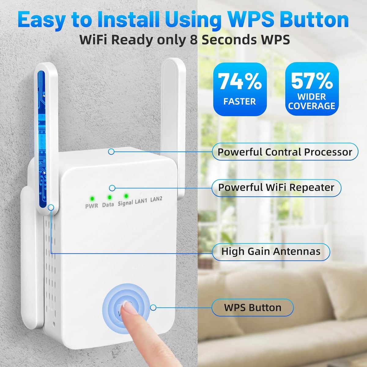 GOOPOOL YJJ-ZJQ-00 WLAN Repeater Dualband 1200 Mbit/s (2,4 & 5,8 GHz), 4x2 dBi Antennen, WPS, WLAN Extender, Weiß, EU Stecker