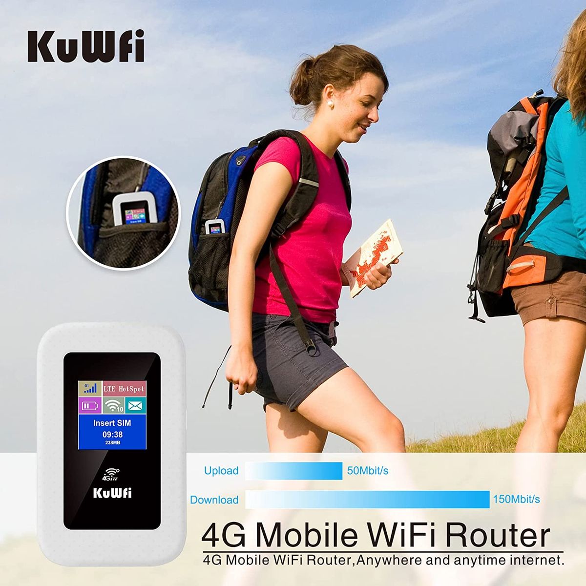 KuWFi Mobiler 4G LTE WLAN Router, KuWFi 4G Modem 150 Mbit/s, 4G Dongle mit SIM-Kartensteckplatz, wiederaufladbarer 2100-mAh-Akku, Farbbildschirm, WLAN-Freigabe für bis zu 10 Geräte, C920