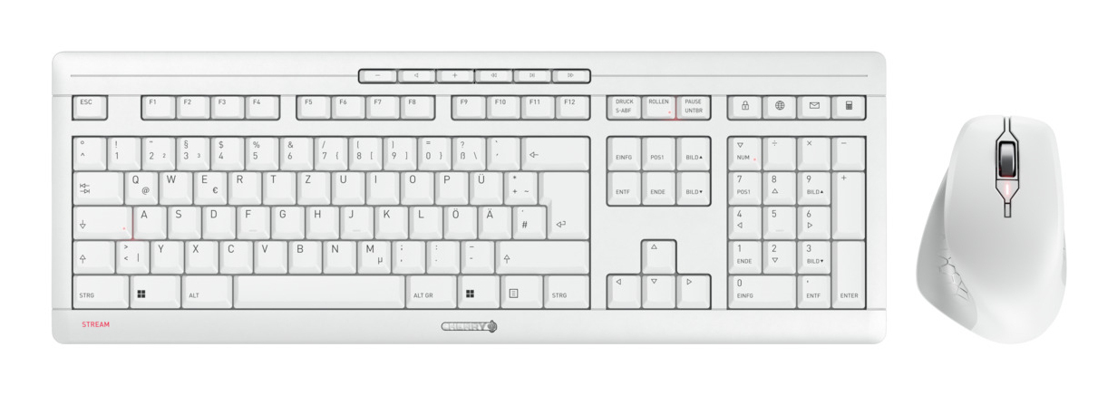 CHERRY STREAM DESKTOP COMFORT, Kabelloses Tastatur-Maus-Set, 2,4 GHz Funk, Leise Tasten, Ergonomische Rechtshu00e4ndermaus, Weiu00df-Grau - (DEU Layout - QWERTZ)