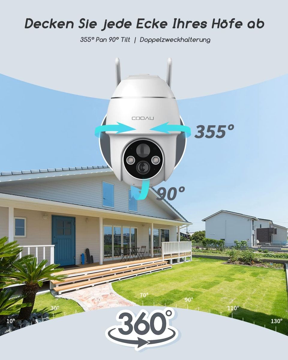 COOAU Überwachungskamera Aussen Solar Akku, 2K PTZ 355°/90° Kabellos WLAN IP Kamera ​Outdoor mit PIR Bewegungsmelder, Farbige Nachtsicht，Spotlight，IP66 ,2-Wege-Audio, Cloud-Speicher Weiß