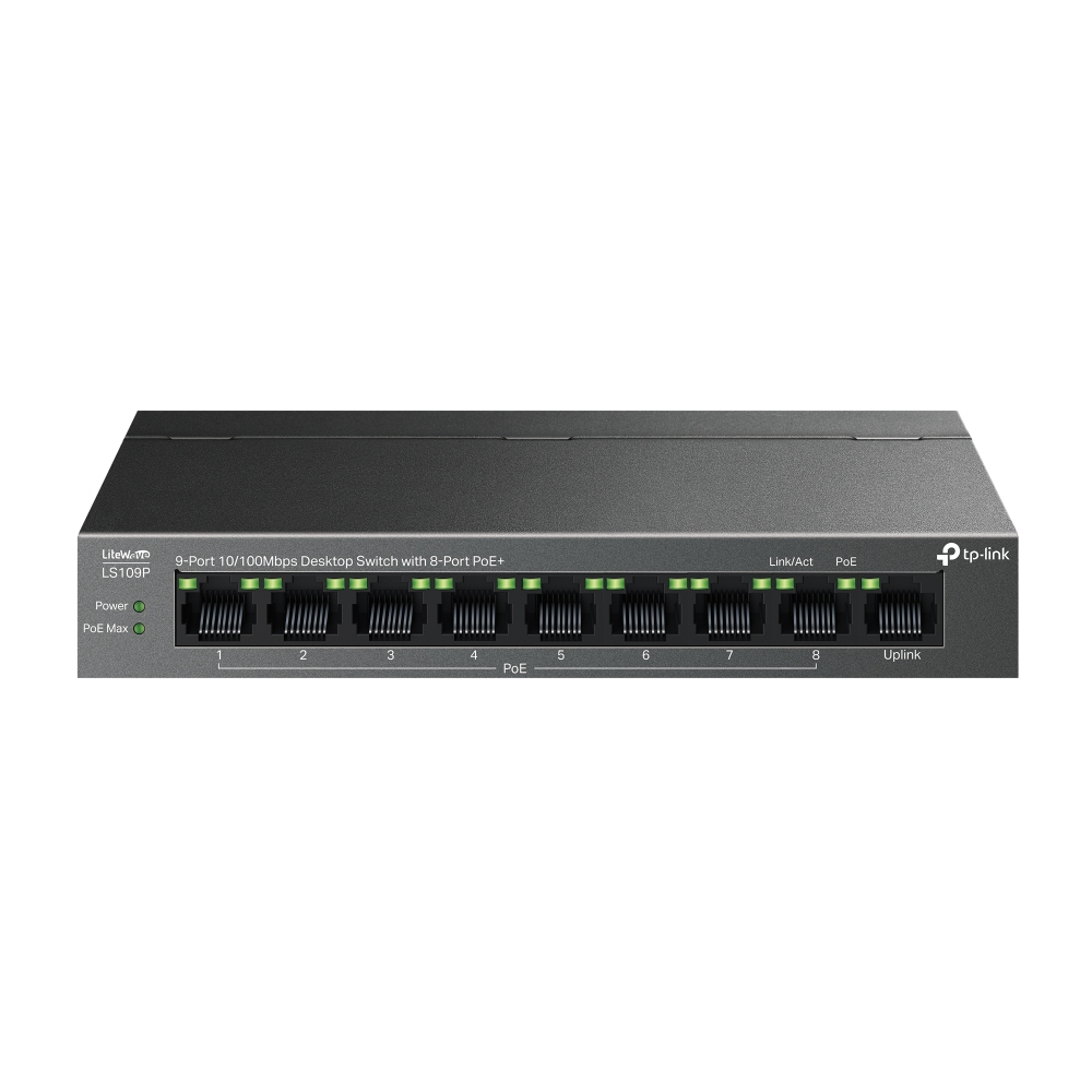 TP-Link LiteWave LS109P 9-Port Unmanaged Fast Ethernet Switch, 8x PoE+ (30W), DC-Netzteil, EU Stecker, Schwarz