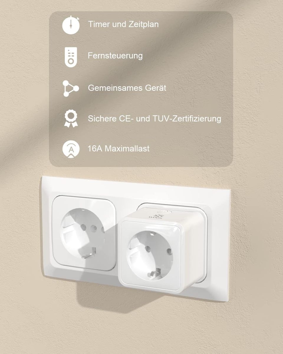 Woox Alexa Steckdose 2 Stück, WLAN Steckdose 16A, Smart Plug TÜV Geprüft, Lichter Fernbedienung, Sprachsteuerung mit Alexa/Google Home Kompatibel, Zeitschaltuhr, Nur 2,4 GHz Wifi…
