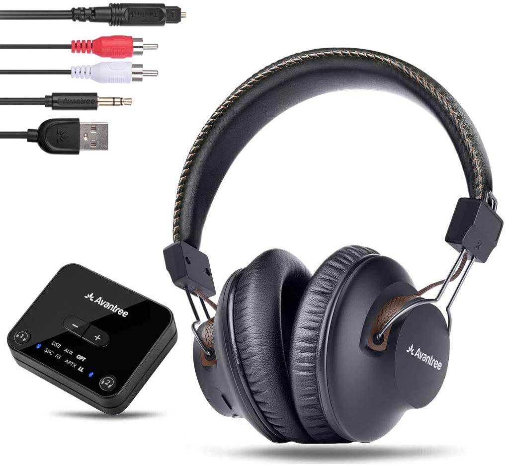 Avantree HT4189 wireless headphones with Bluetooth transmitter set (optical, RCA, 3.5mm AUX, PC USB audio), 40 hours battery, plug & play, no delay, 30m range