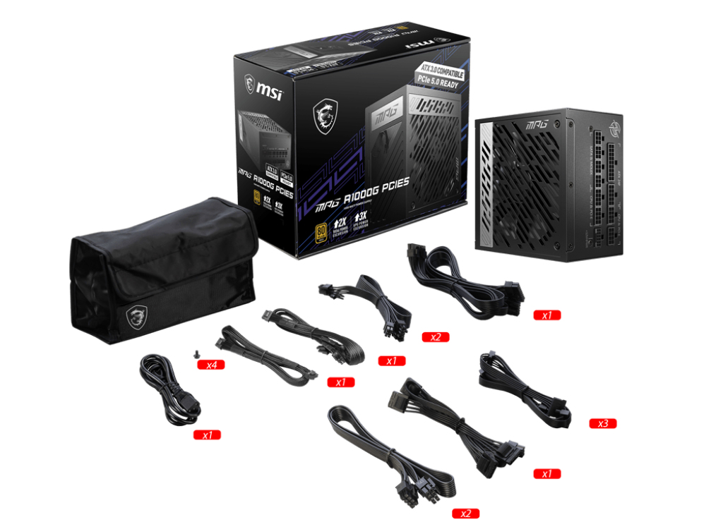 MSI MPG A1000G PCIE5 1000 W ATX 3.0 Netzteil, Voll modular, 80 PLUS Gold, 20+4-pin, 6x 6+2-pin PCIe, 12x SATA, Schwarz, EU Plug