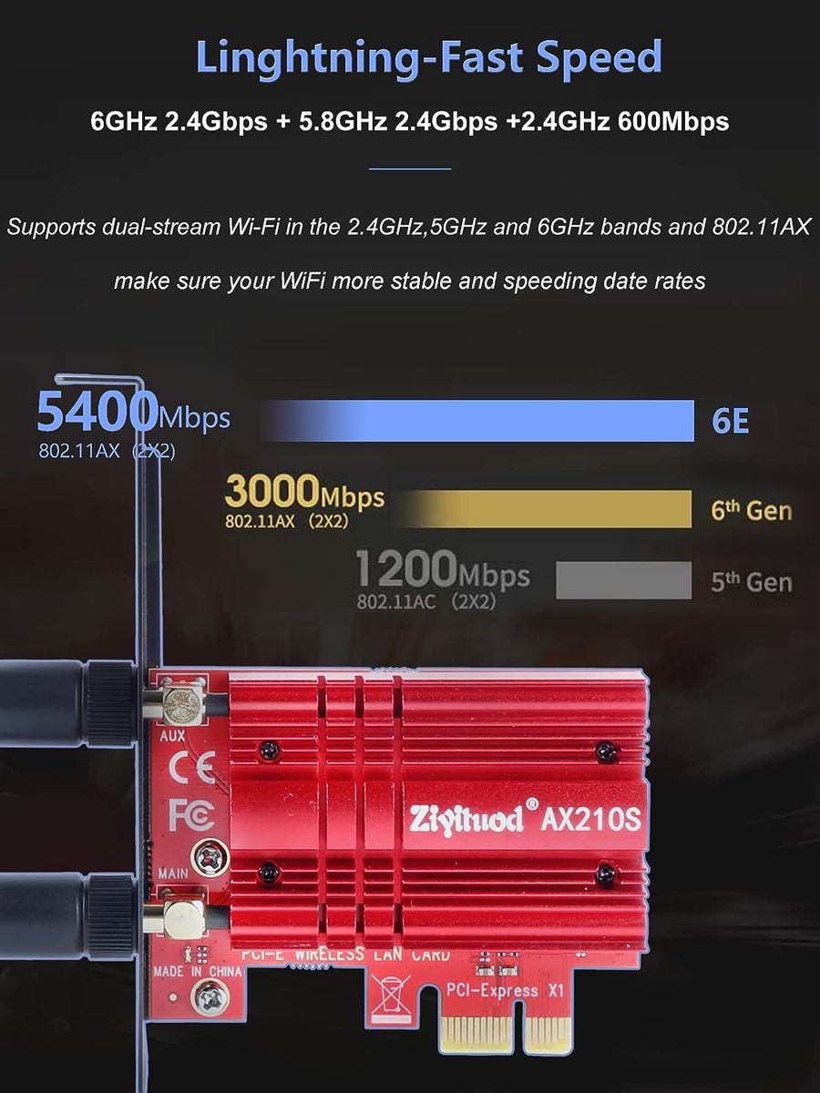Ziyituod ZYT WLAN Karte, Intel AX210 Bluetooth5.2, Bis zu 5400Mbit/s Tri-Bands(6G/5G/2.4G) WLAN PCIe WiFi 6 Karte für Windows 11/10(64bit)