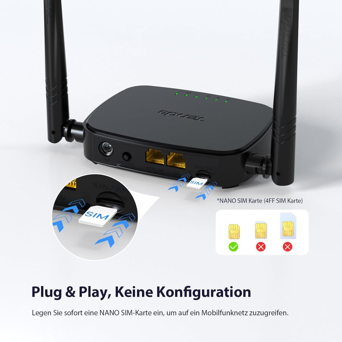 Tenda 4G03 Pro 4G LTE Router, WLAN Router für Nano-SIM-Karten (N300 CAT4, 150 Mbit/s im Download, 300 Mbit/s 2,4GHz) 2*4dBi Antennen, Plug & Play, Fast-Ethernet-Port, App, Router Modus, LED, Schwarz 4G03 Pro|Wi-Fi N300 CAT4 Tenda 4G03 Pro 4G LTE Router, WLAN Router für Nano-SIM-Karten (N300 CAT4, 150 Mbit/s im Download, 300 Mbit/s 2,4GHz) 2*4dBi Antennen, Plug & Play, Fast-Ethernet-Port, App, Router Modus, LED, Schwarz 4G03 Pro|Wi-Fi N300 CAT4