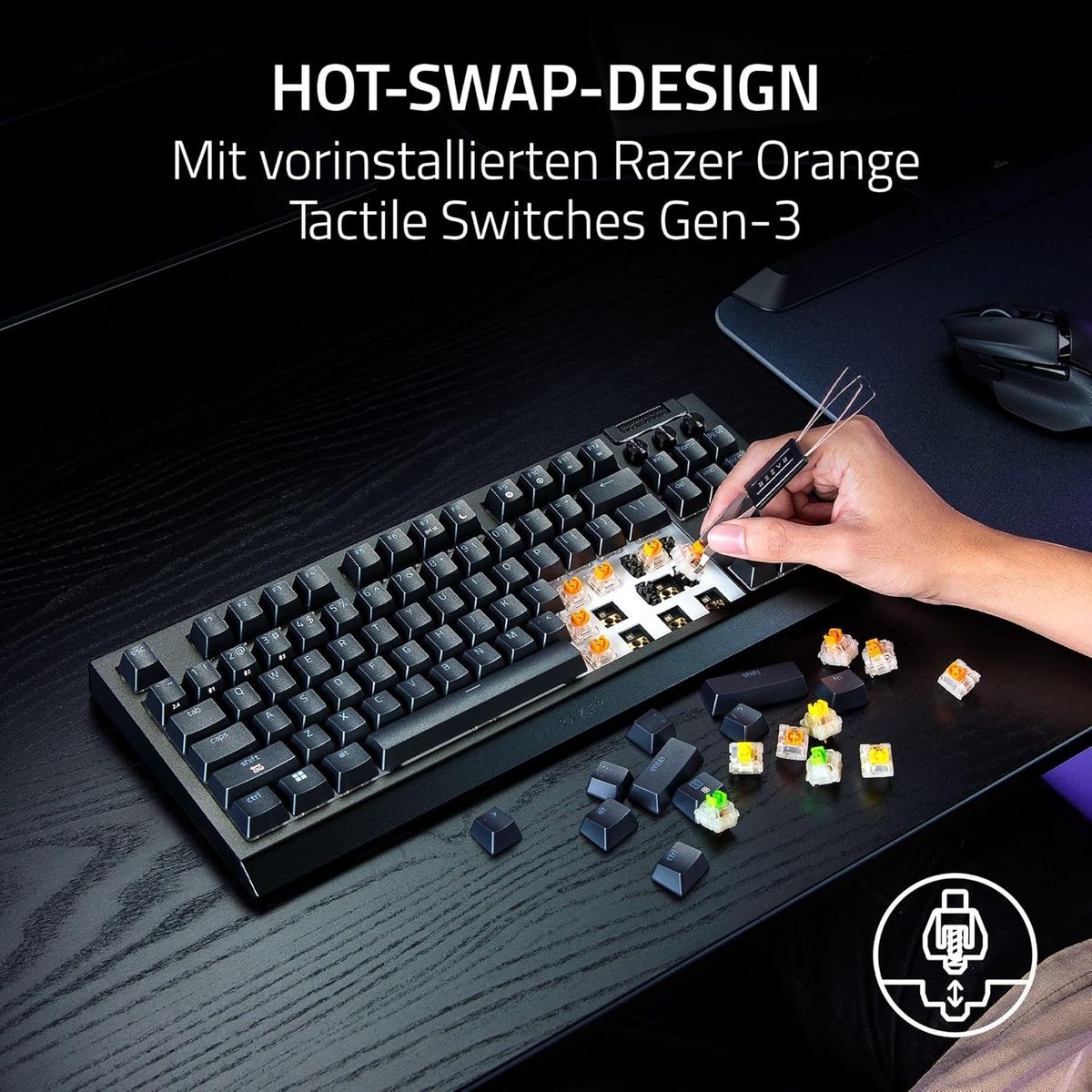 Razer BlackWidow V4 Tenkeyless HyperSpeed Kabellose Hot-Swap Gaming-Tastatur, Orange Tactile Switches, Bluetooth & HyperSpeed 2,4 GHz 1000Hz, DEU Layout QWERTZ