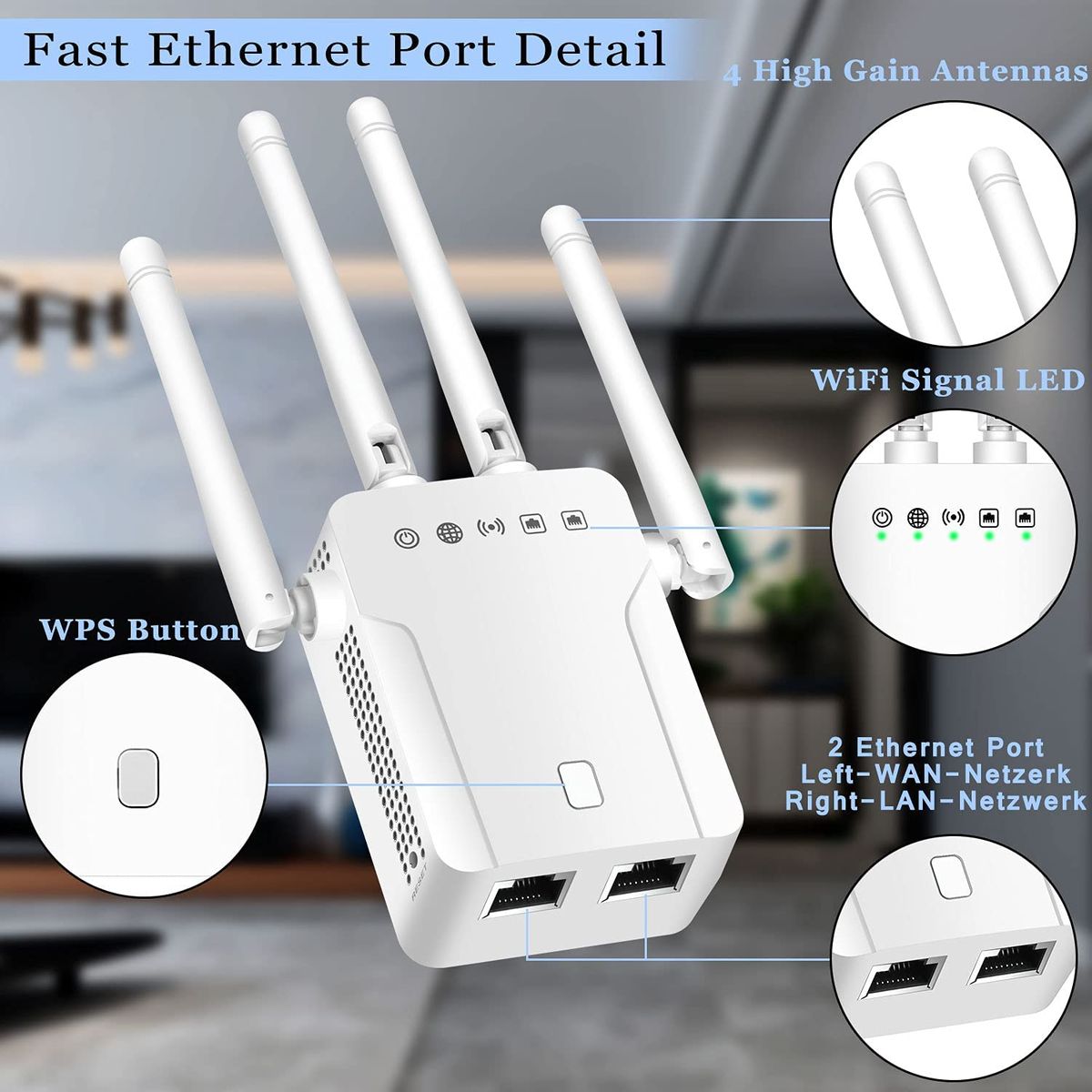 CINEMON 1200 Mbit/s WLAN Repeater LAN Anschluss Wi-Fi Dualband bis zu 200 m²