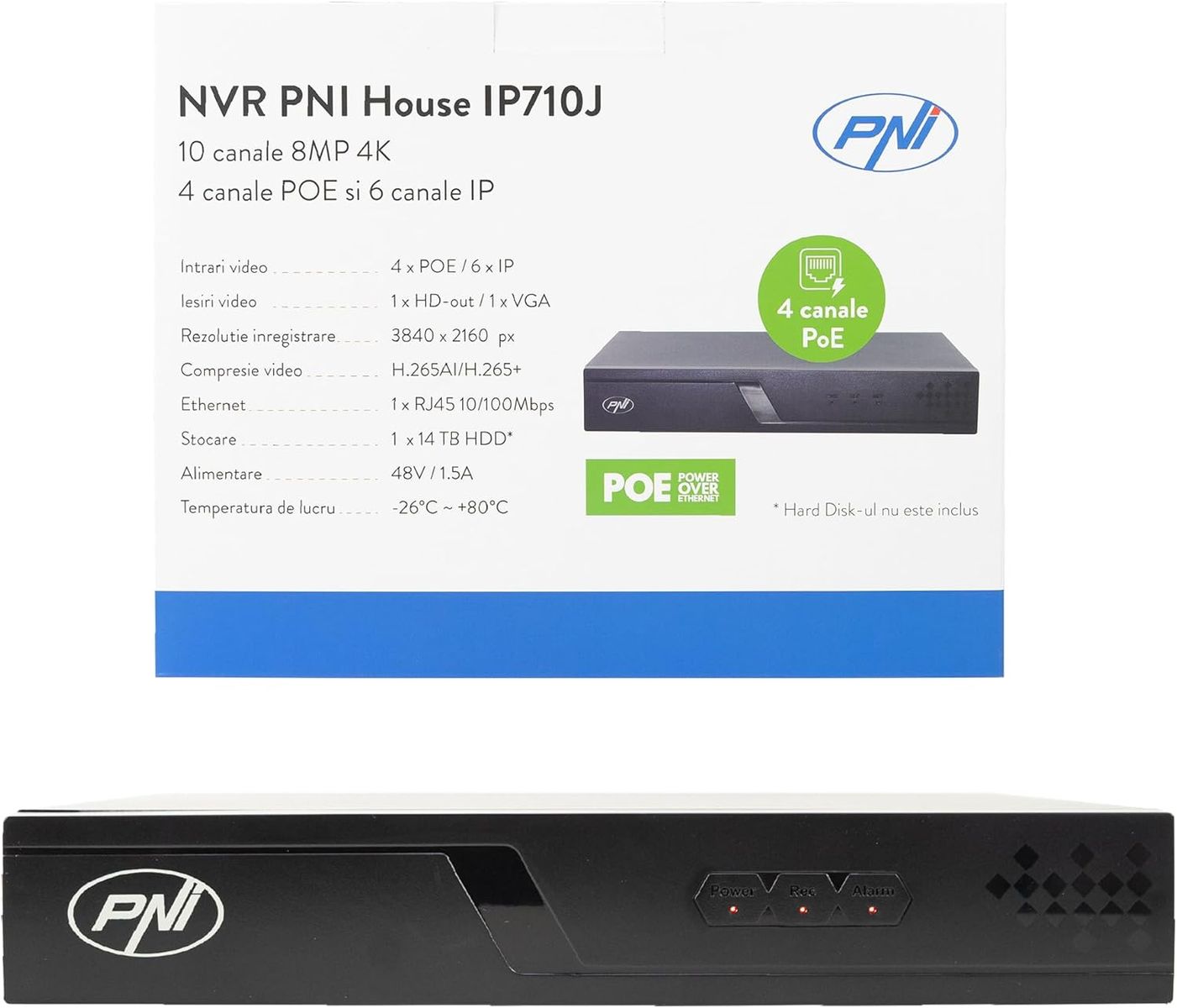 PNI IP710J NVR PoE, 10 Kanäle, 4K/8MP, 4 PoE-Ports, 6 IP-Kanäle, H.265AI/H.265+, ONVIF, Schwarz