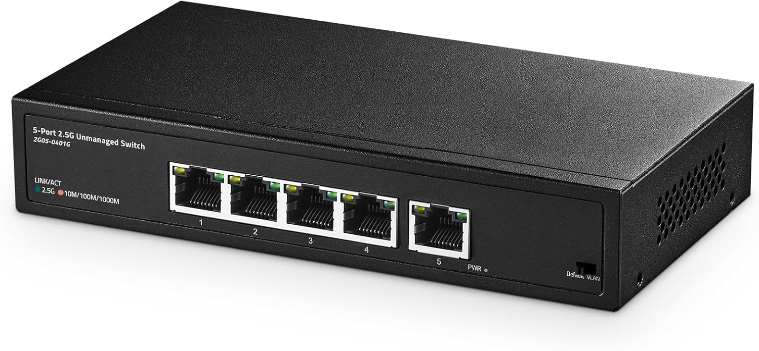 Binardat 5x2.5G 5-Port 2,5G Unmanaged Desktop Switch, 5 x 2,5 Gbit/s RJ45 Ports, VLAN, Metallgehäuse, Plug-Type C (EU)