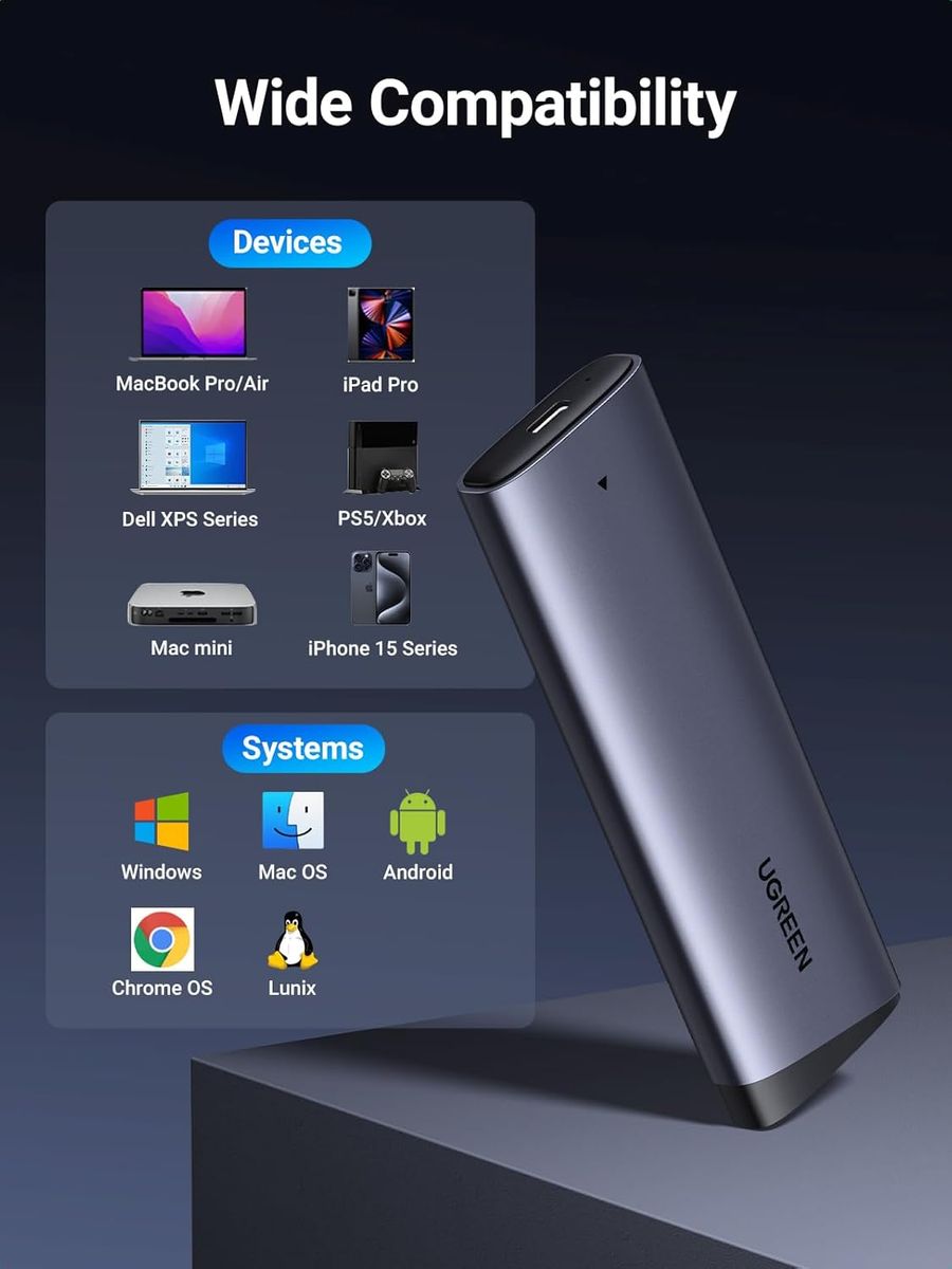 UGREEN M.2 NVMe SSD Gehäuse, USB 3.2 Gen 2 10 Gbps für NVMe PCIe M-Key/M+B Key 2230/2242/2260/2280, Aluminium, inkl. USB-C-Kabel