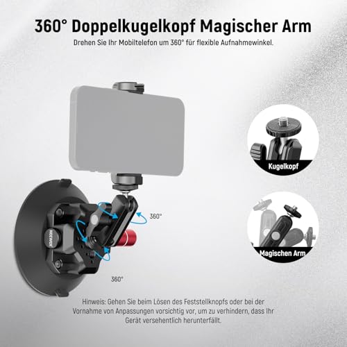 NEEWER CA105 Saugnapf-Kamerahalterung 114 mm, Kugelkopf Magic Arm, 360° drehbar, kompatibel mit GoPro, DJI, Insta360, iPhone & Samsung