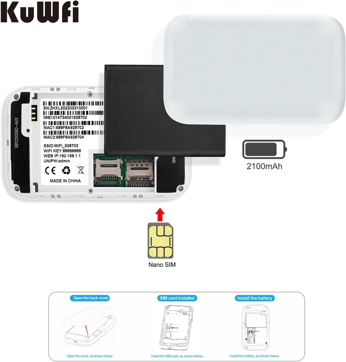 KuWFi Mobiler 4G LTE WLAN Router, KuWFi 4G Modem 150 Mbit/s, 4G Dongle mit SIM-Kartensteckplatz, wiederaufladbarer 2100-mAh-Akku, Farbbildschirm, WLAN-Freigabe für bis zu 10 Geräte, C920