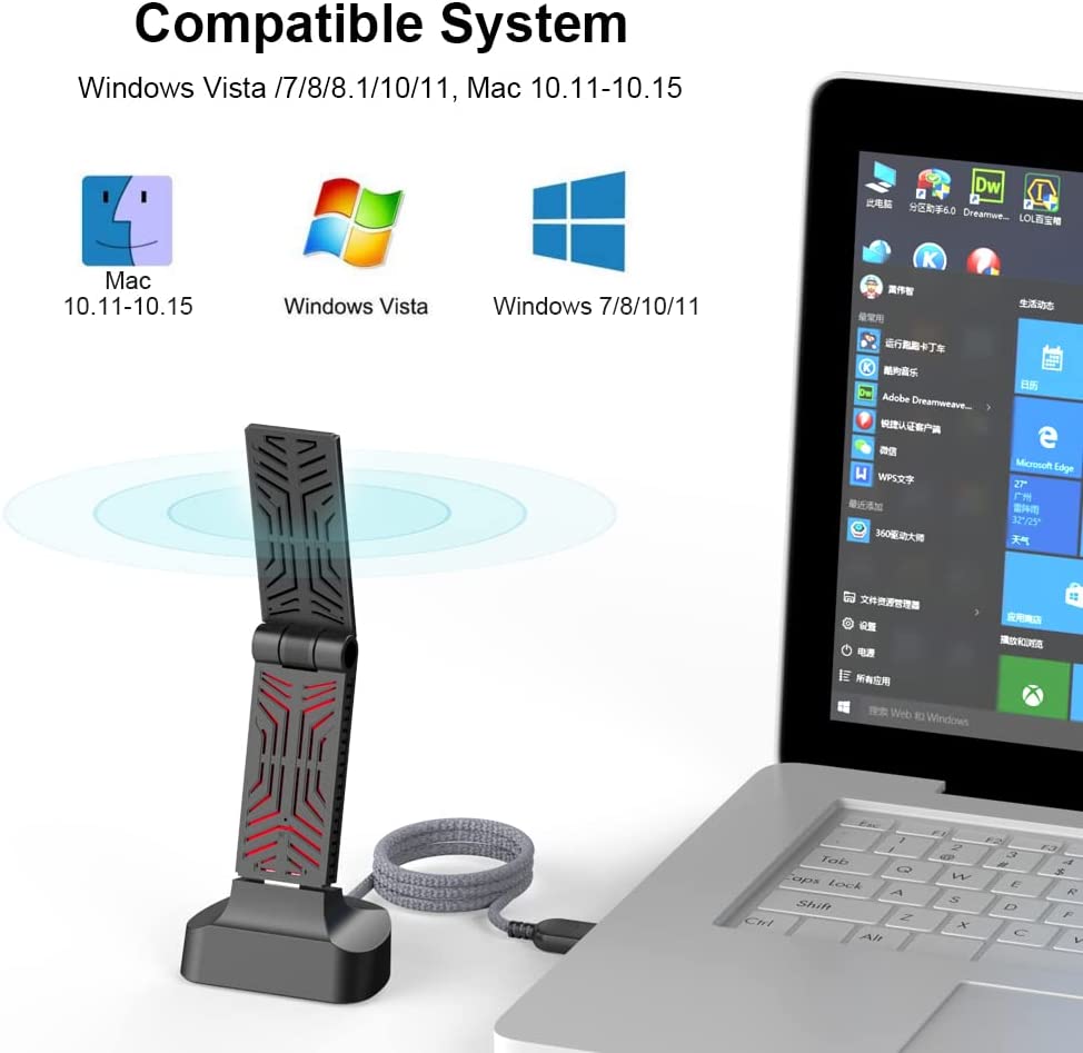 WAVLINK AC1900 USB 3.0 WiFi Dongle Adapter for PC, High Gain Wireless Adapter with 120 cm Cable for PC/Desktop/Tablet/Laptop, Internet Dongle Supports Windows and Mac OS