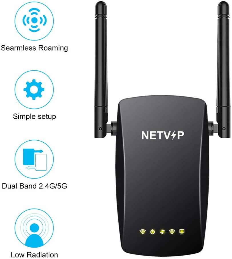NETVIP WLAN Repeater 1200 Mbit/s WLAN Amplifier Dual-WLAN (5GHz 867Mbit/s 2.4GHz 300 Mbps) WiFi Repeater with LAN Port Supports AP/Repeater/Router Mode Compatible with All WLAN Devices