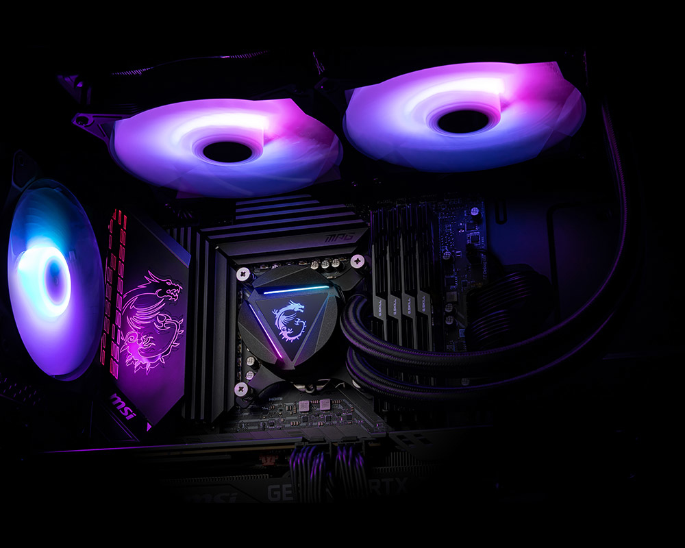 MSI MAG CORELIQUID 280R All-in-One-Flüssigkeitskühler, 280 mm Radiator, 2x 140 mm PWM-Lüfter, ARGB, Schwarz