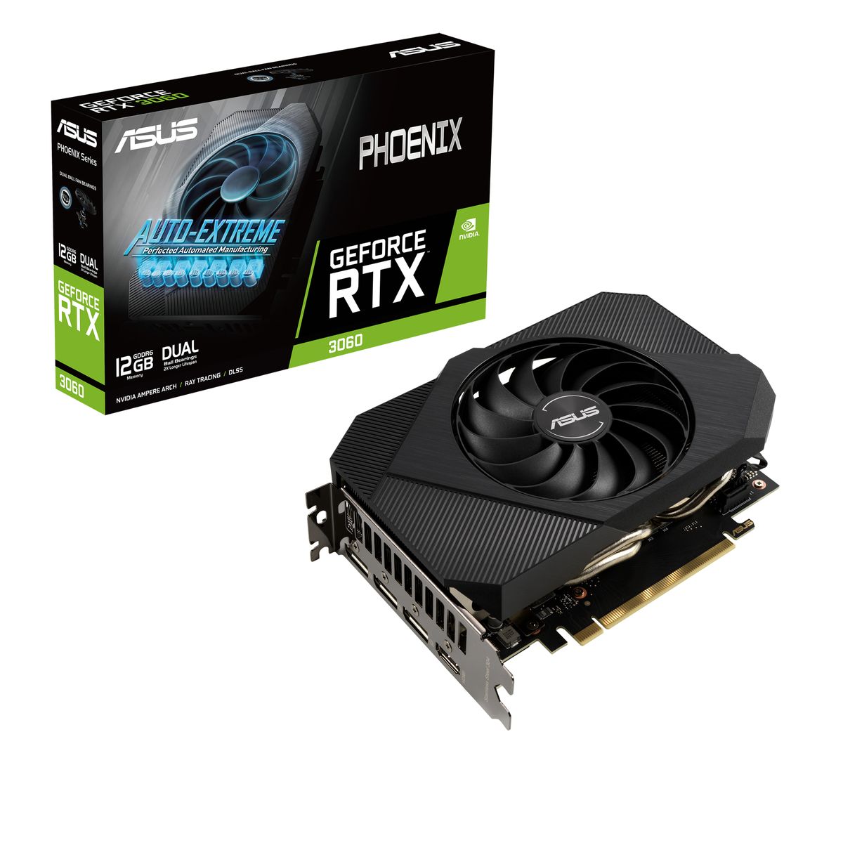 ASUS Phoenix PH-RTX3060-12G-V2 NVIDIA GeForce RTX 3060 12 GB GDDR6, 192-Bit, 15 Gbit/s, PCIe 4.0, HDMI 2.1, 3× DisplayPort 1.4a, 1777/1807 MHz Boost