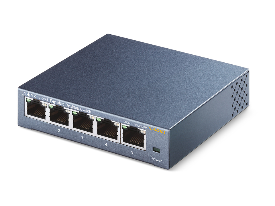 TP-Link TL-SG105 5-Ports Gigabit Netzwerk Switch (bis 2000 MBit/s im Vollduplexmodus, geschirmte RJ-45 Ports, Metallgehäuse, optimiert Datenverkehr, IGMP-Snooping, unmanaged, lüfterlos)
