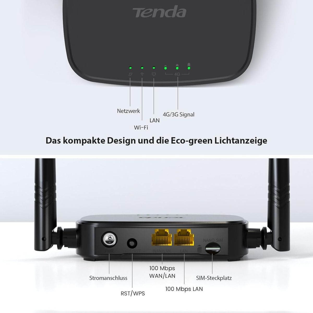 Tenda 4G03 Pro 4G LTE Router, WLAN Router für Nano-SIM-Karten (N300 CAT4, 150 Mbit/s im Download, 300 Mbit/s 2,4GHz) 2*4dBi Antennen, Plug & Play, Fast-Ethernet-Port, App, Router Modus, LED, Schwarz 4G03 Pro|Wi-Fi N300 CAT4