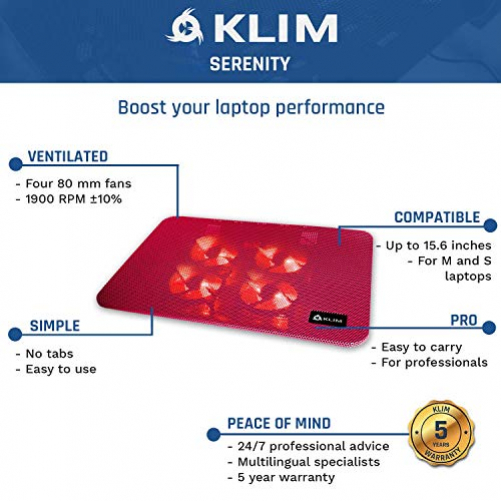 KLIM Serenity + Laptop-Kühler + 11 bis 15,6 Zoll + Perfekt für kleine und mittlere Laptops + Stabiles und Robustes Metallgitter + Geräuschloses Laptop-Kühlpad + NEU 2020 (Rot)