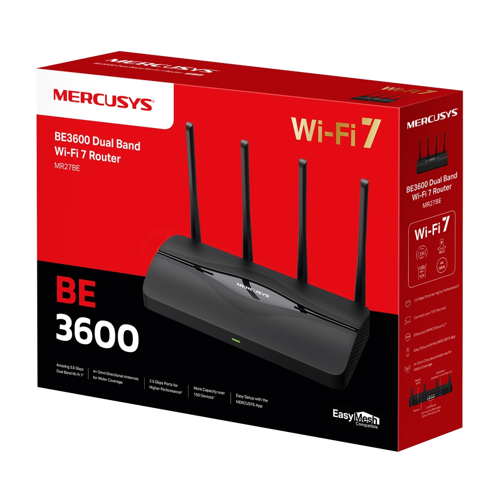 Mercusys MR27BE V1.0 Wi-Fi 7 Router Dual-Band 3600 Mbit/s 2,5 Gbit/s WAN & LAN 4× Gigabit Ports EasyMesh Schwarz EU