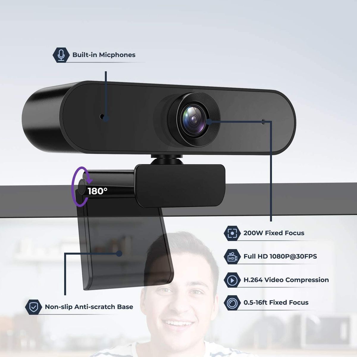 BENEWY Webcam 1080P with microphone, tripod and cover panel, web camera compatible with Windows, Mac and Android