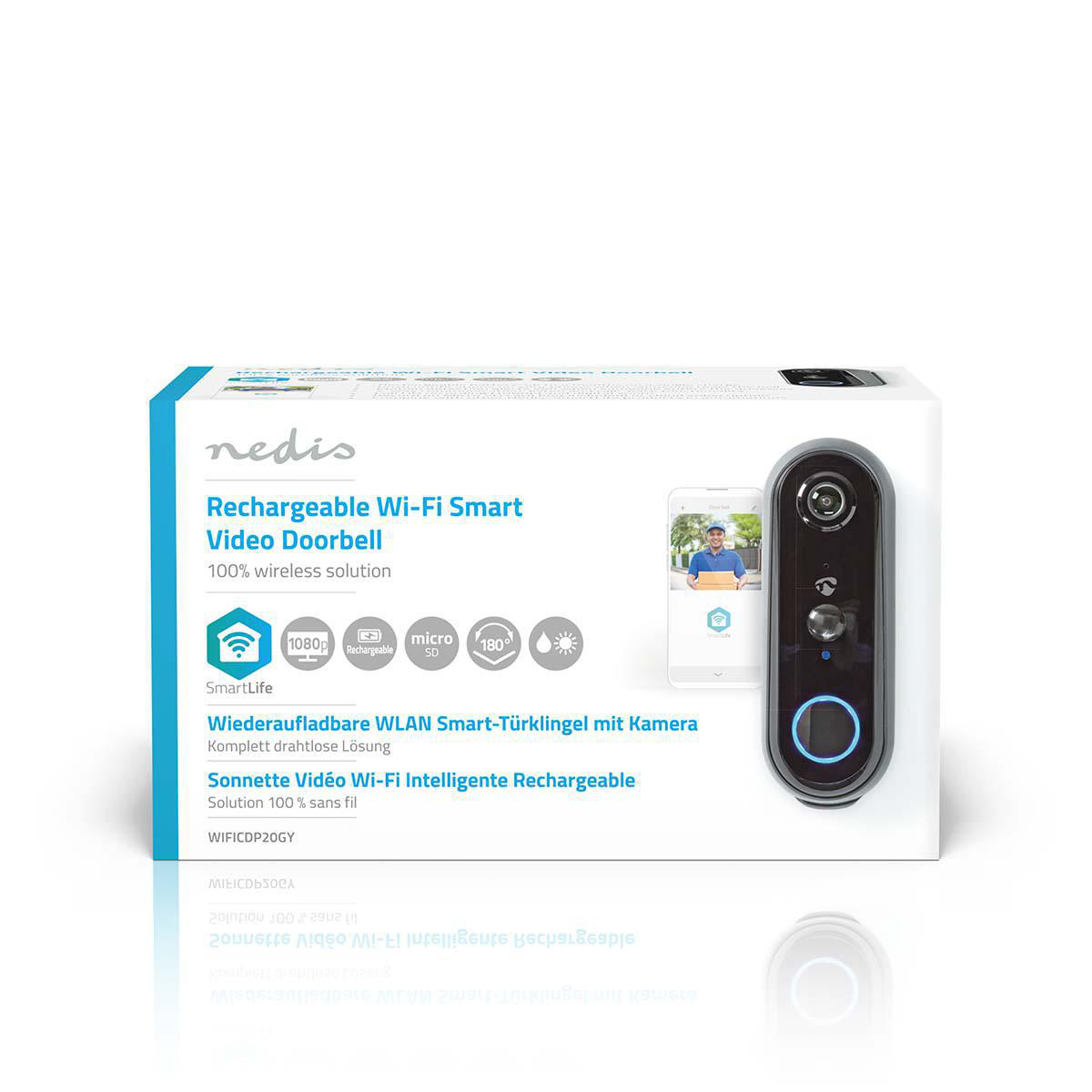 Nedis WIFICDP20GY Video-Türklingel mit Kamera, WLAN, Akku 5200 mAh, Nachtsicht, 180° Blickwinkel, SIP-Videoanruf, 1080 x 1080, Schwarz, IP54 Nedis WIFICDP20GY Video-Türklingel mit Kamera, WLAN, Akku 5200 mAh, Nachtsicht, 180° Blickwinkel, SIP-Videoanruf, 1080 x 1080, Schwarz, IP54