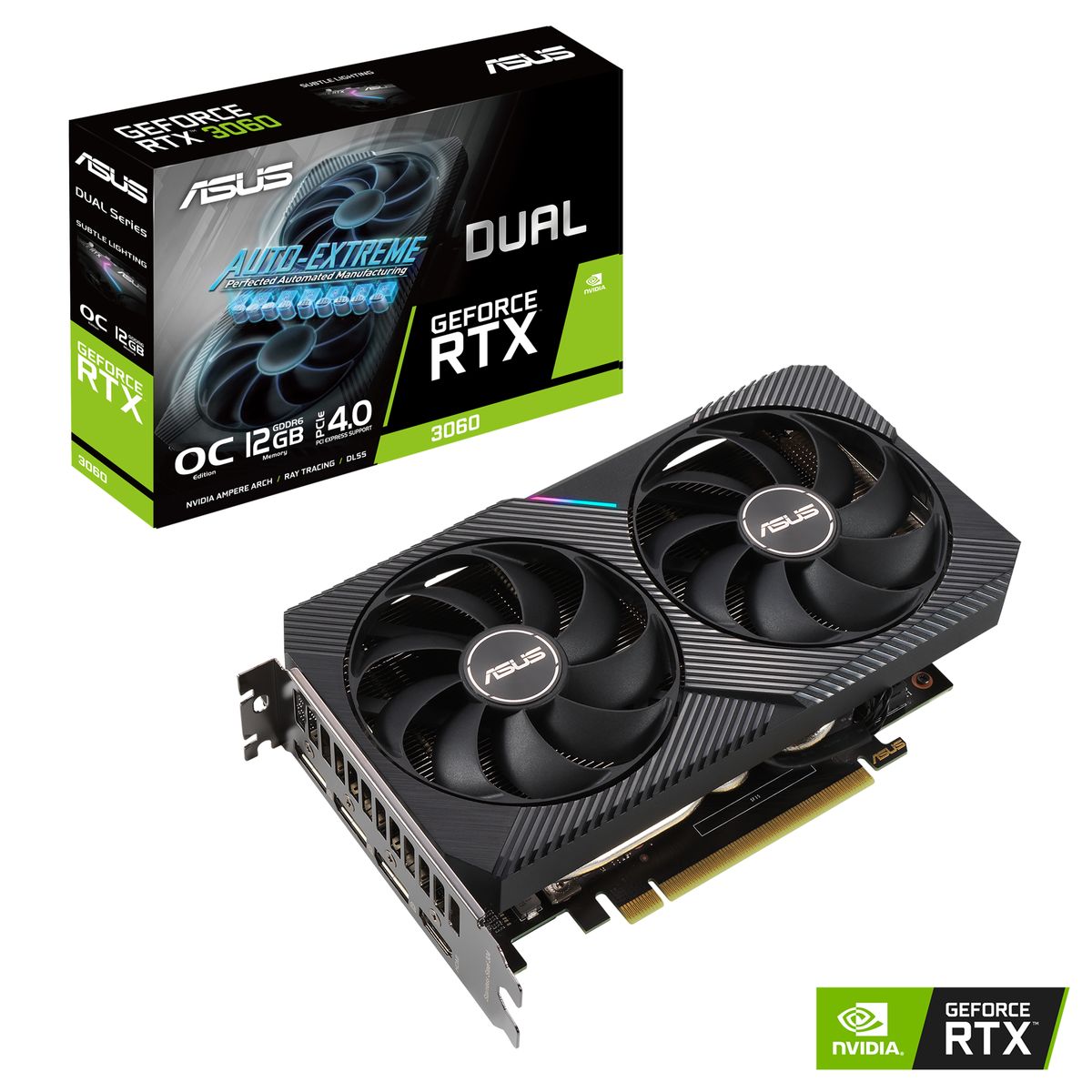 ASUS Dual RTX3060-O12G-V2 OC Edition NVIDIA GeForce RTX 3060 12 GB GDDR6, PCIe 4.0, HDMI 2.1, 3x DisplayPort, 2x Axial-Lüfter, 2-Slot