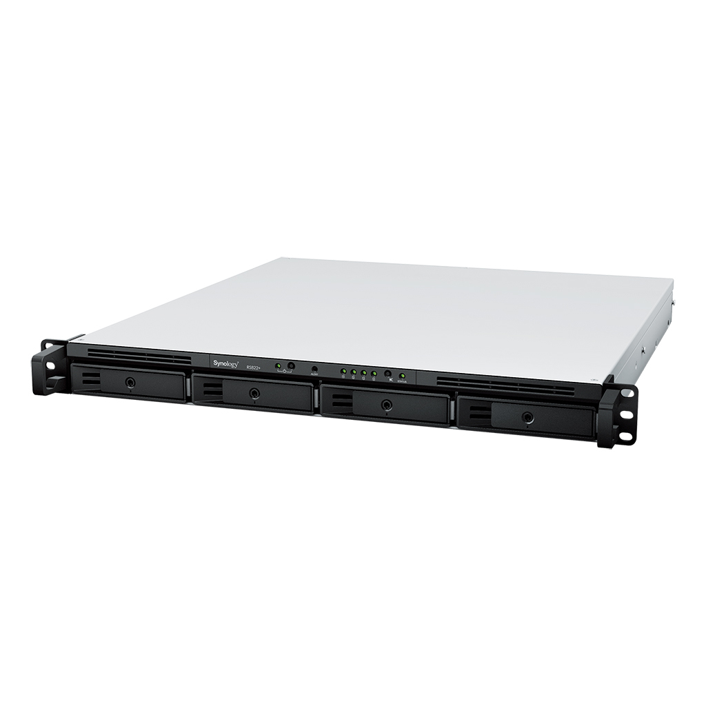 Synology RackStation RS822+ NAS, 4-Bay SATA, AMD Ryzen V1500B 2,2 GHz, 2 GB DDR4, DSM, 4x 1GbE, PCIe x8, 1U Rack