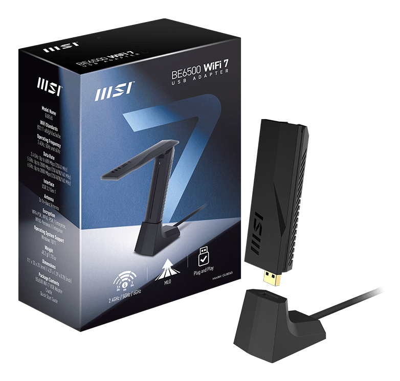 MSI BE6500 WiFi7 USB-Stick, USB-A, USB 3.2 Gen 1, WLAN 2.4/5/6 GHz, Dongle, Schwarz