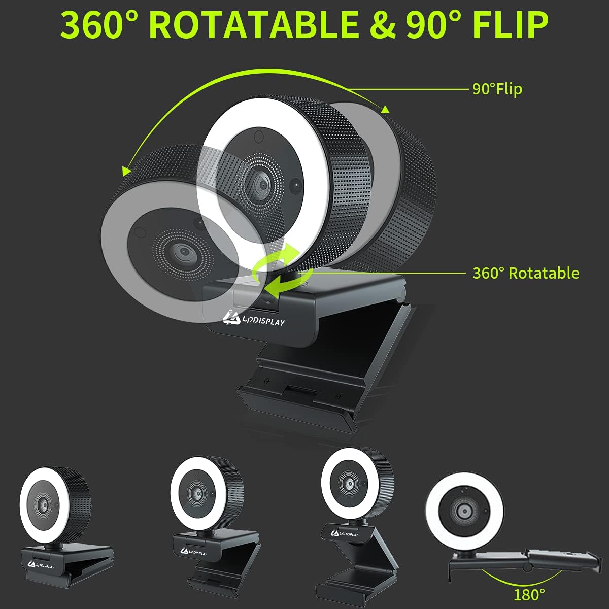 LPDISPLAY Webcam mit mikrofon, Webcam 1080P 2K 4MP Autofokus und Lichtring, Privcay-Abdeckung, 8-facher Zoom, Live-Übertragung mit Waren, Spielanker H200