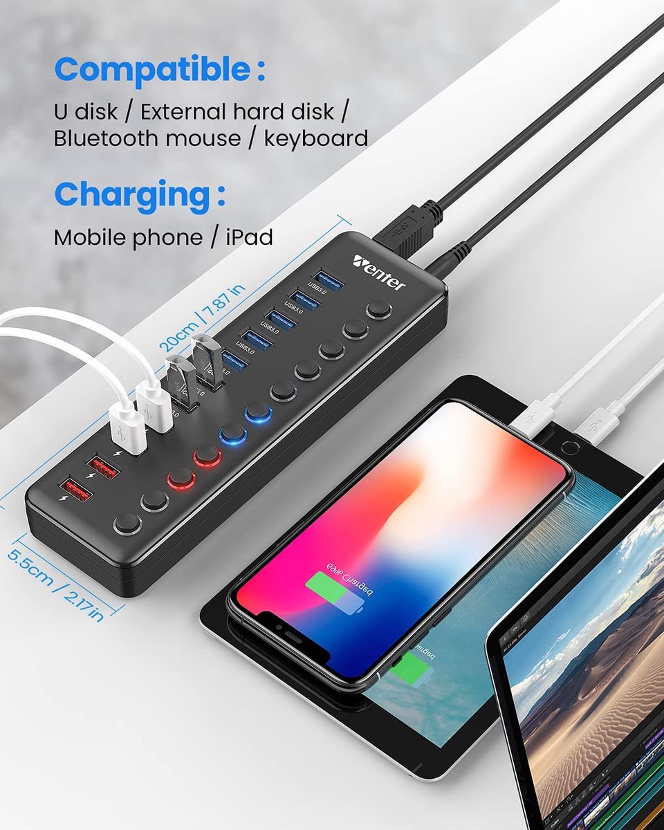 WENTER USB Hub 3.0 Aktiv 11 Ports 36W 12V 3A Netzteil USB 3.0 Mehrfach Ports Verteiler LED Einzelnen EIN/Aus-Schalter USB 3.0 Hub 7 Ports Datenübertragung 4 Ports Schnellladegerät