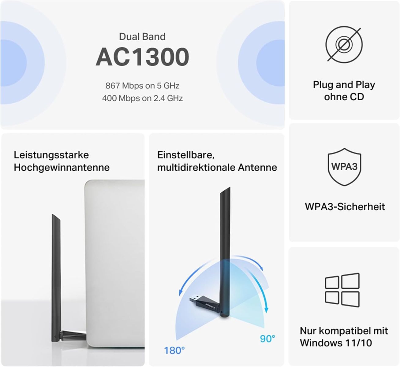 Mercusys MA30H AC1300 High Gain USB WLAN Stick Adapter mit Antennen(bis zu 867 Mbit/s 5GHz, 400 Mbit/s 2,4GHz, nur Kompatibel mit Windows 11/10 (32/64 bit) AC1300 Mbps